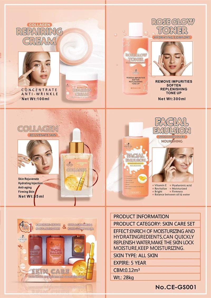 Cosmelab Supplier 4 in 1 Skincare Facial Collagen Vitamin E Serum Moisturizing Lotion Hydrating Rose Glow Toner Skin Care Set